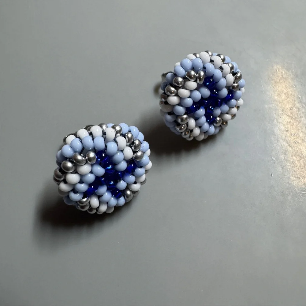 Sapphire Silver and White Stud Earrings Handmade Stainless Steel Beaded‎ Studs